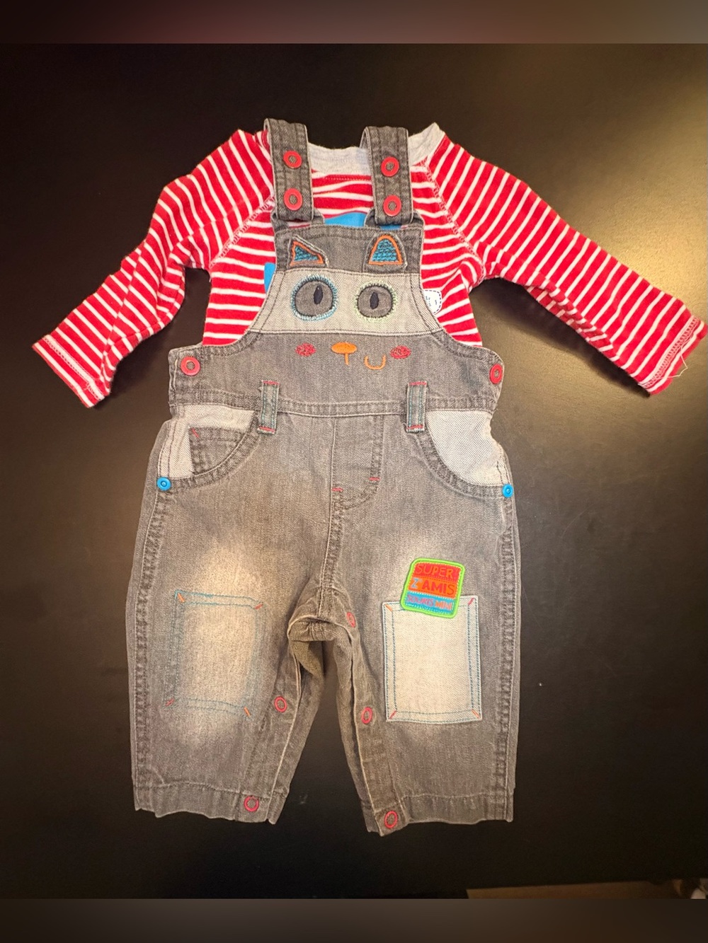 2 piece Boys souris mini set. Denim Overalls with striped onesie